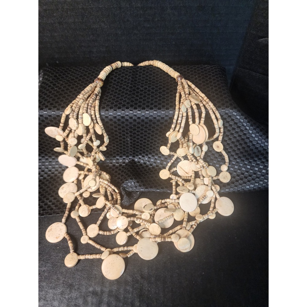 Natural Shell Bone Heishi Bead Multi Strand Bib Statement Necklace Cream Brown